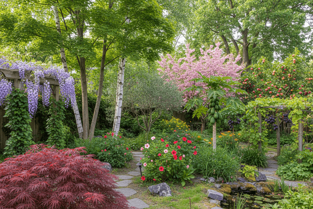 A backyard planted with trees and vines grown from Seeds In A Cup® kits — Japanese Maple, Sugar Maple, Wisteria, Birch, Elm, Hibiscus, Cherry, Olive, and more.