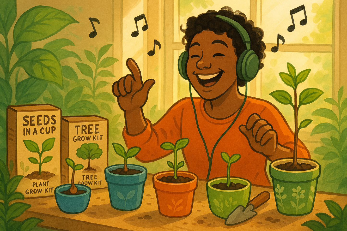having a fun time while gardening using the product "Seeds In A Cup: Plant & Tree Grow Kits" all while listening to the "Seeds In A Cup" Jingle.