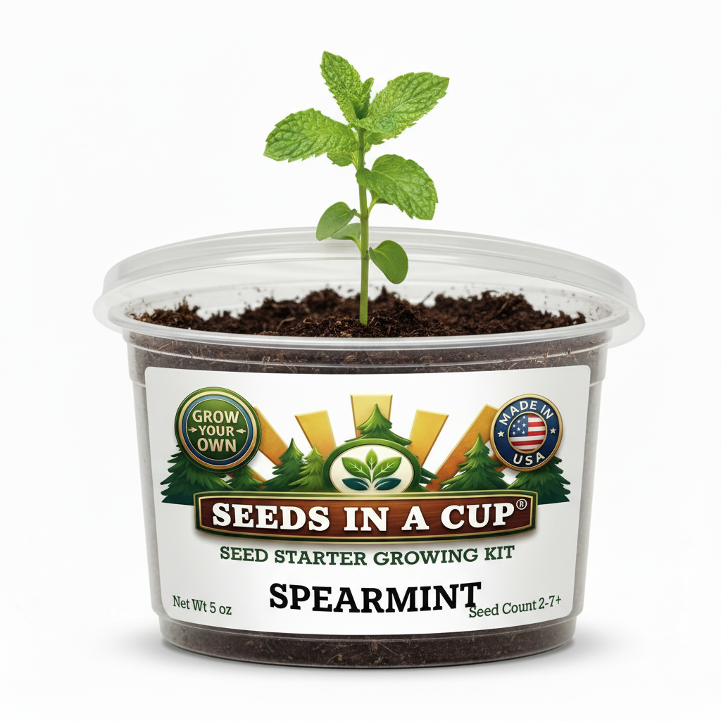 Complete Seeds In A Cup Spearmint growing system: recyclable planter, premium soil, and non-GMO Mentha spicata seeds. Indoor seed starter kit manufactured in Cleveland, Ohio, USA.