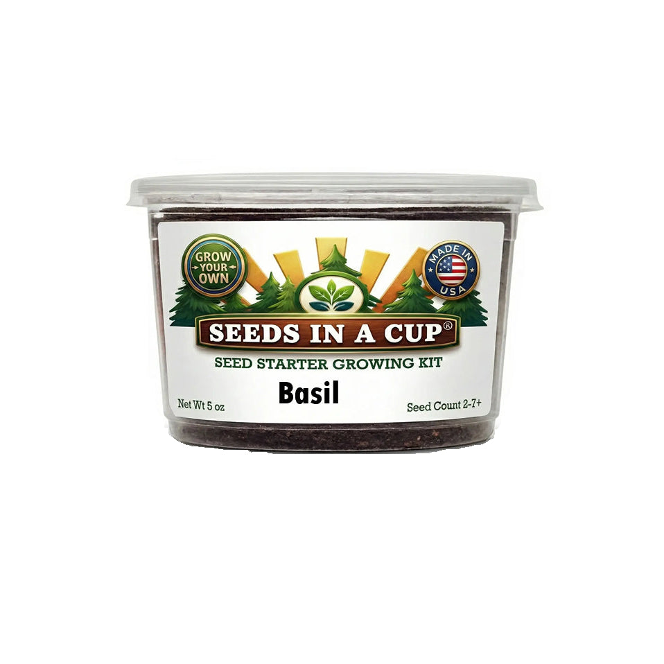 Seeds In A Cup Basil (Ocimum basilicum) Grow Kit - Complete seed starter with recyclable planter, non-GMO seeds, and real potting soil. Hand-assembled in Cleveland, Ohio, USA.