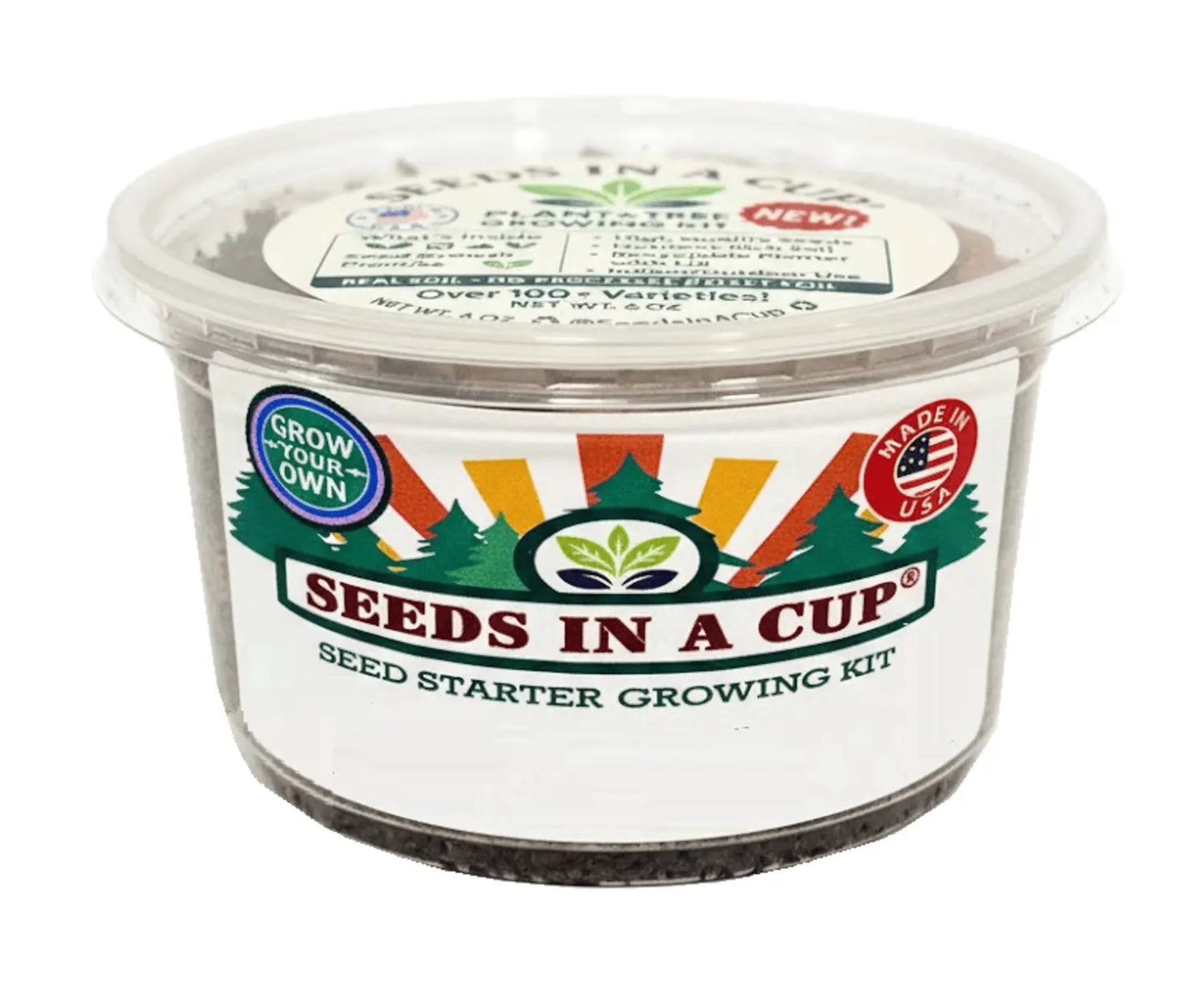 Seeds In A Cup Herb & Tree Bundle: A Garden In A Box selection featuring five species like Lavender and Blue Spruce, utilizing real soil for high-altitude and delicate seed germination.