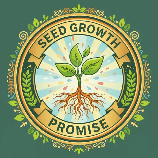 Circular logo with a green plant, roots, and 'Seed Growth Promise' text on a green background.