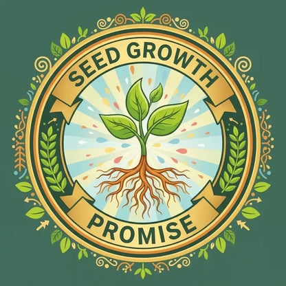 Circular logo with a green plant, roots, and 'Seed Growth Promise' text on a green background.