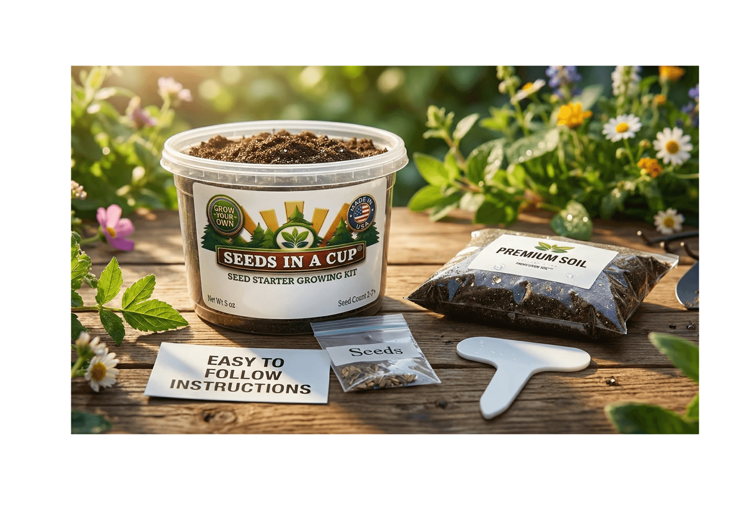Chamomile (Matricaria chamomilla) seed starter kit contents: premium non-GMO seeds, nutrient-rich loose potting soil, and recyclable planter with humidity lid by Seeds In A Cup - Made in USA.