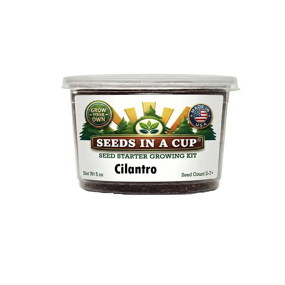 Seeds In A Cup Cilantro / Coriander (Coriandrum sativum) Grow Kit - Complete seed starter with recyclable planter, non-GMO seeds, and real potting soil. Hand-assembled in Cleveland, Ohio, USA.