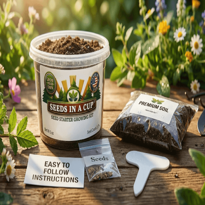 Oak Tree (Quercus) seed starter kit contents: premium non-GMO acorns, nutrient-rich loose potting soil, and recyclable planter with humidity lid by Seeds In A Cup - Made in USA.