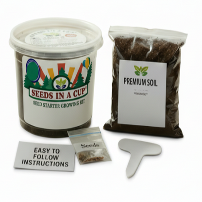 Apple Tree (Malus domestica) seed starter kit contents: premium non-GMO seeds, nutrient-rich loose potting soil, and recyclable planter with humidity lid by Seeds In A Cup - Made in USA.
