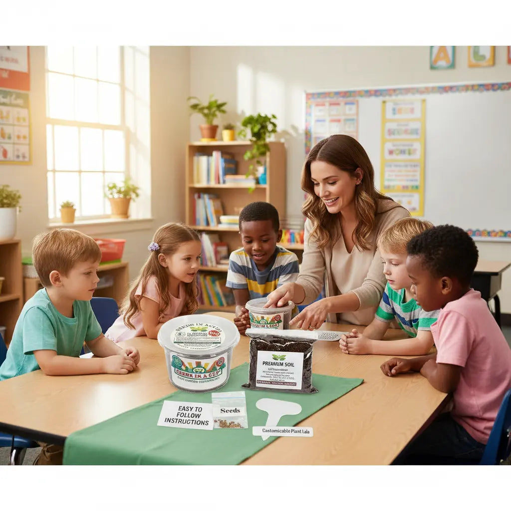 Hands-on STEM gardening activity: Planting Kids Discovery Garden Kit seeds in a Seeds In A Cup recyclable planter. Educational seed-to-sprout project for kids and classrooms.