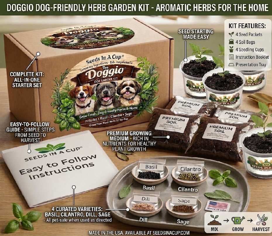 Doggie dog-friendly herb garden kit with packaging, soil, and seed packets on a wooden surface.