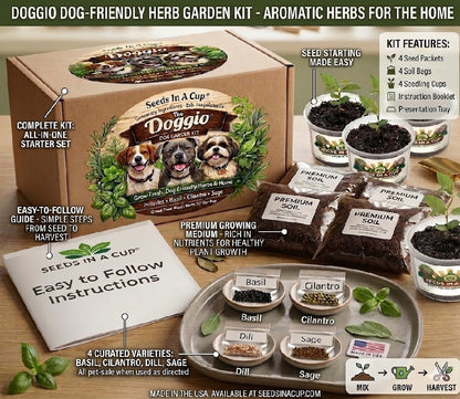 Doggie dog-friendly herb garden kit with packaging, soil, and seed packets on a wooden surface.