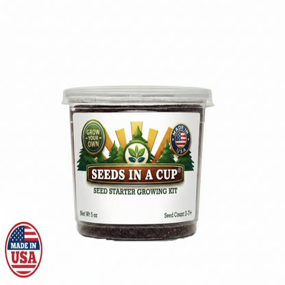 Seeds In A Cup Oak Tree grow kit with all included contents: non-GMO acorns, real loose potting soil, recyclable planter, and step-by-step growing instructions. Made in Cleveland, Ohio.