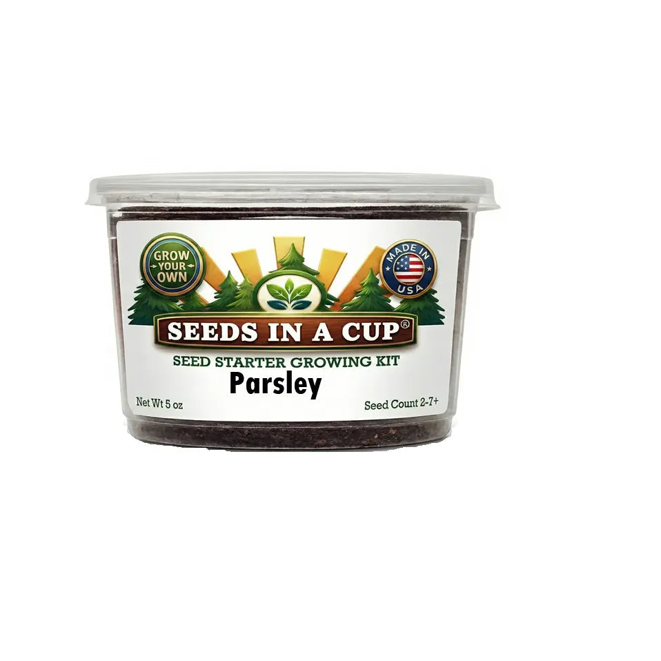 Seeds In A Cup Parsley (Petroselinum crispum) Grow Kit - Complete seed starter with recyclable planter, non-GMO seeds, and real potting soil. Hand-assembled in Cleveland, Ohio, USA.