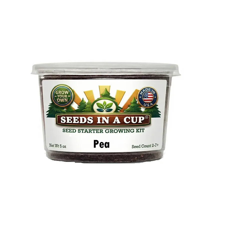 Seeds In A Cup Pea (Pisum sativum) Grow Kit - Complete seed starter with recyclable planter, non-GMO seeds, and real potting soil. Hand-assembled in Cleveland, Ohio, USA.