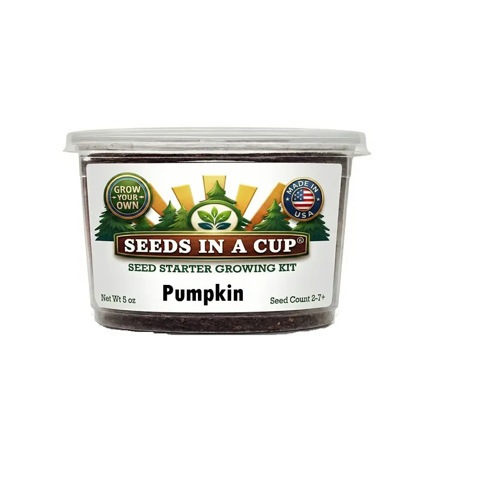 Seeds In A Cup Pumpkin (Cucurbita pepo) Grow Kit - Complete seed starter with recyclable planter, non-GMO seeds, and real potting soil. Hand-assembled in Cleveland, Ohio, USA.