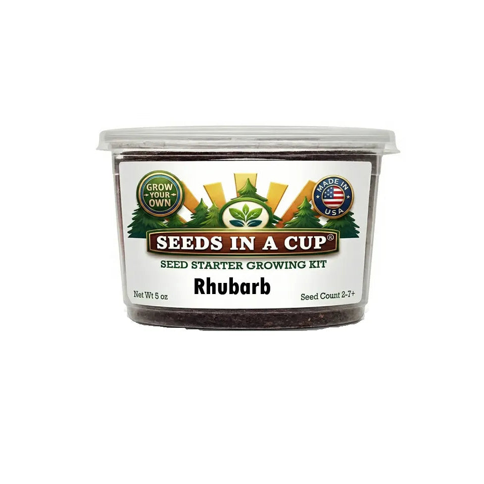 Seeds In A Cup Rhubarb (Rheum rhabarbarum) Grow Kit - Complete seed starter with recyclable planter, non-GMO seeds, and real potting soil. Hand-assembled in Cleveland, Ohio, USA.