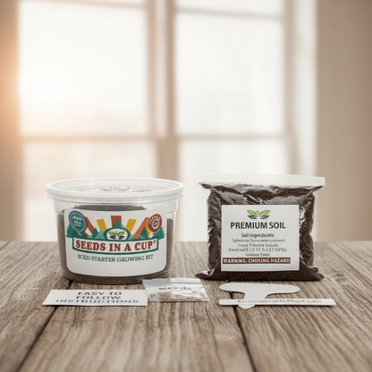 Complete Seeds In A Cup Blackberry growing system: recyclable planter, premium soil, and non-GMO Rubus fruticosus seeds. Indoor seed starter kit manufactured in Cleveland, Ohio, USA.