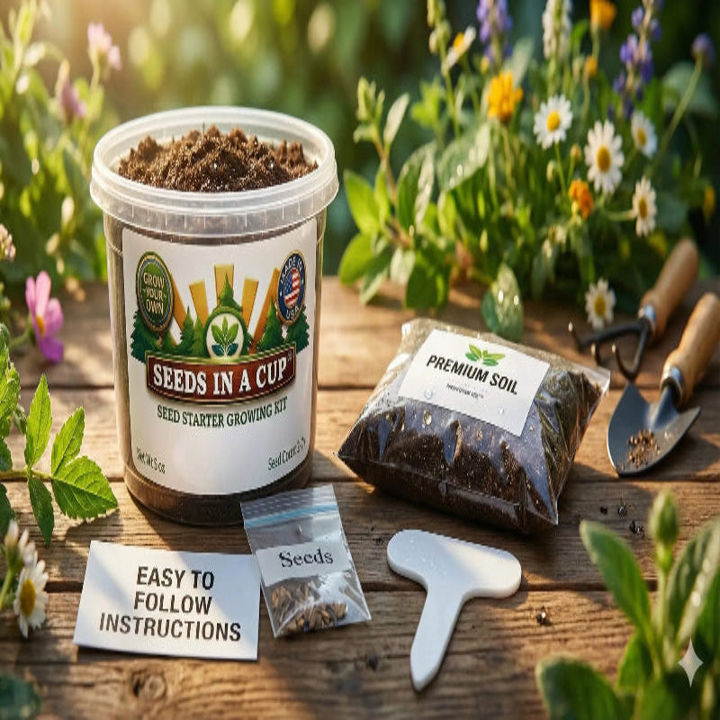 Marigold (Tagetes erecta) seed starter kit contents: premium non-GMO seeds, nutrient-rich loose potting soil, and recyclable planter with humidity lid by Seeds In A Cup - Made in USA.