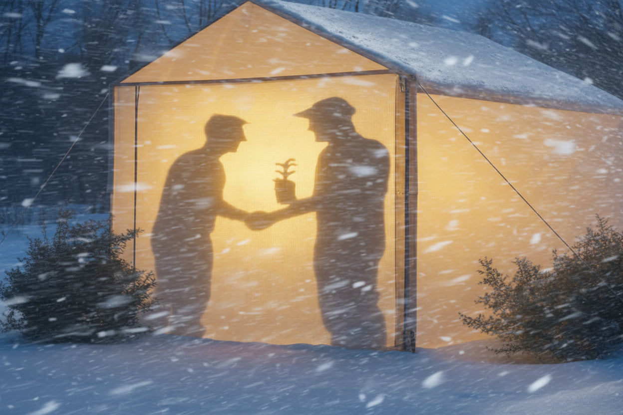 Two people shaking hands inside a illuminated tent in a snowy landscape