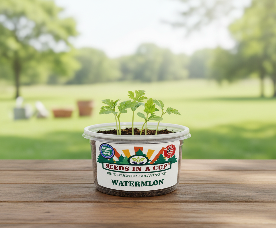 Healthy Crimson Sweet Watermelon (Citrullus lanatus) seedling growing in a Seeds In A Cup recyclable planter. Demonstrates successful germination using real potting soil and non-GMO seeds.