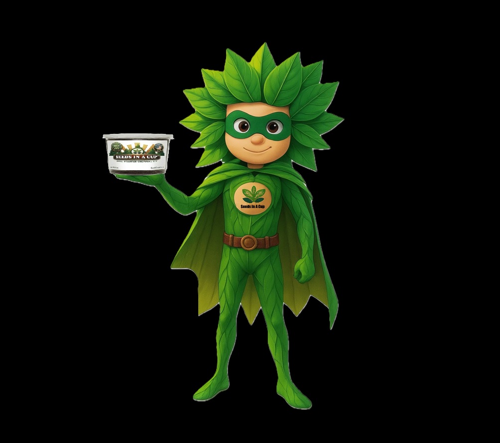 Buddy Stratify, the Seeds In A Cup® leaf-costumed garden character holding a grow kit